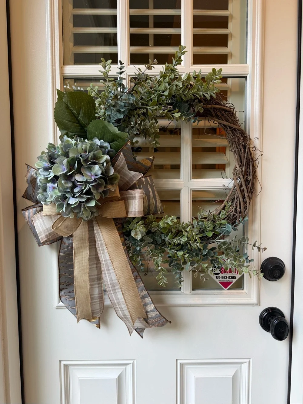 Green Hydrangea and Eucalyptus Grapevine Wreath with Burlap-Accent Bow